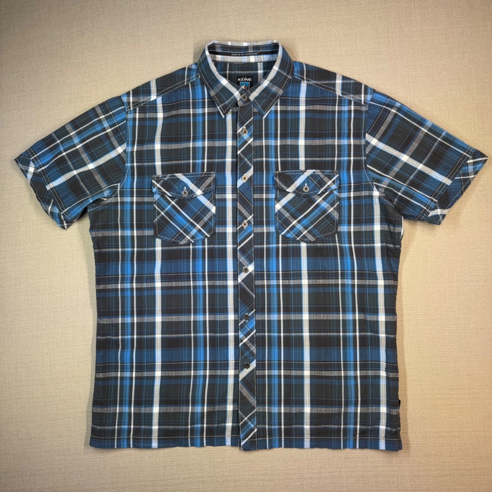 Kuhl Mens Suncel Short Sleeve Button Down Shirt Blue Plaid Size Large
